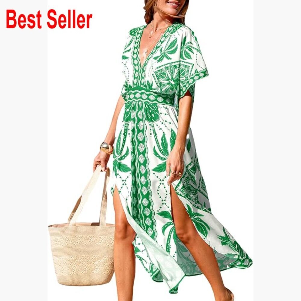 Polyester Boho Maxi Dress with V-Neck and Smocked Waist for Beach Vacation